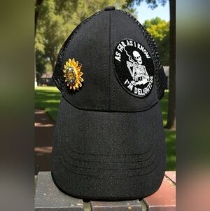 Upcycled Women's Black Trucker Hat With Sunflower Brooch